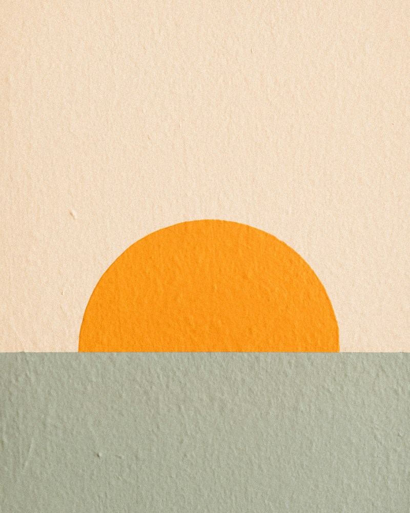 Painting of an orange sun reflected on calm water