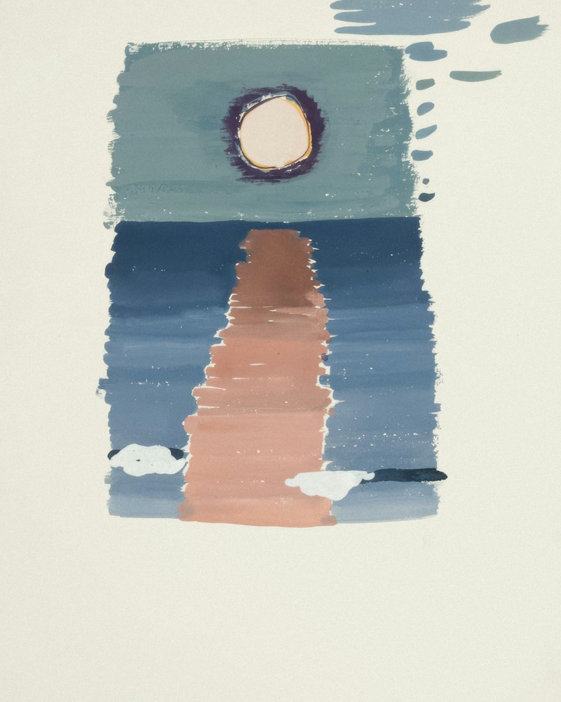 Moonlit ocean path depicted in muted gouache tones